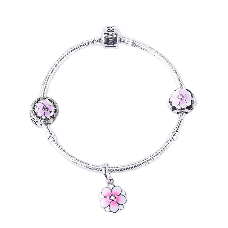 PANDORA潘多拉 粉色木兰花串珠吊坠 925银手链 PZ-016