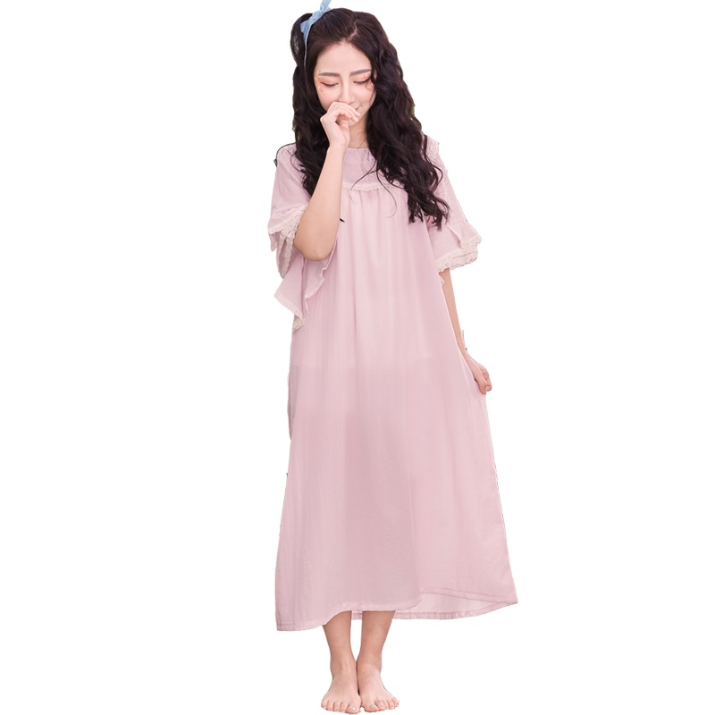 茜靓2020夏季公主甜美睡裙短袖蕾丝家居服长款夏天薄款简约睡裙女