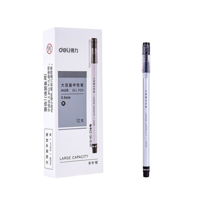 得力 A426 巨能写中性笔大容量全针管耐用0.5mm学生用书写水性笔黑色12支/盒5盒装