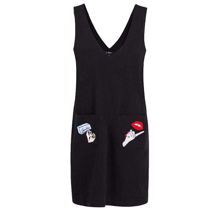 拉夏贝尔candie’s秋季新韩版休闲显瘦绣花无袖v领直筒裙连衣裙女30071019