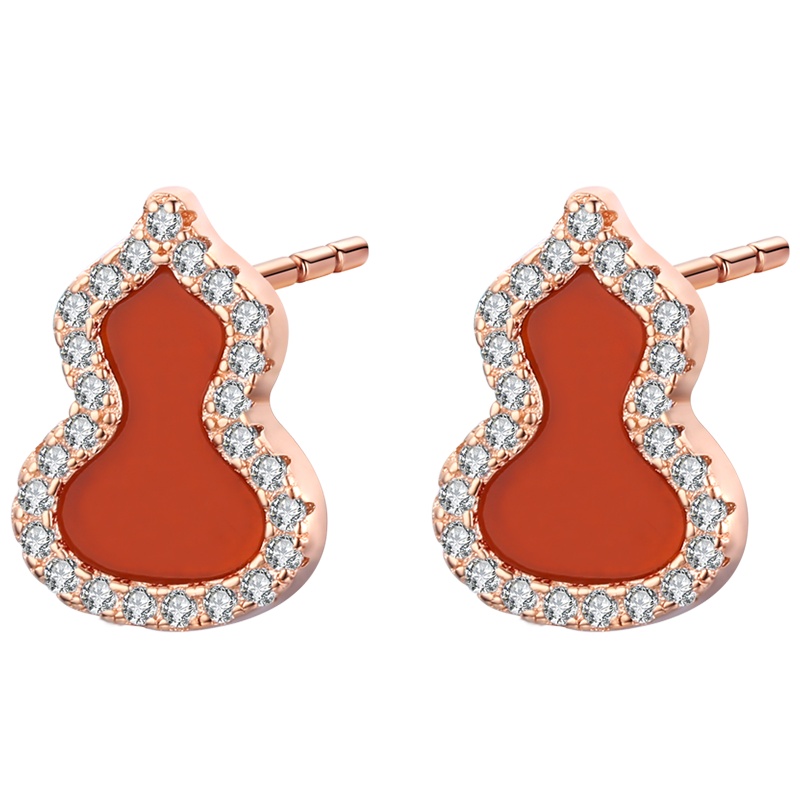 佰色传情韩版925纯银葫芦玛瑙耳钉耳环耳饰玫瑰金色复古简约