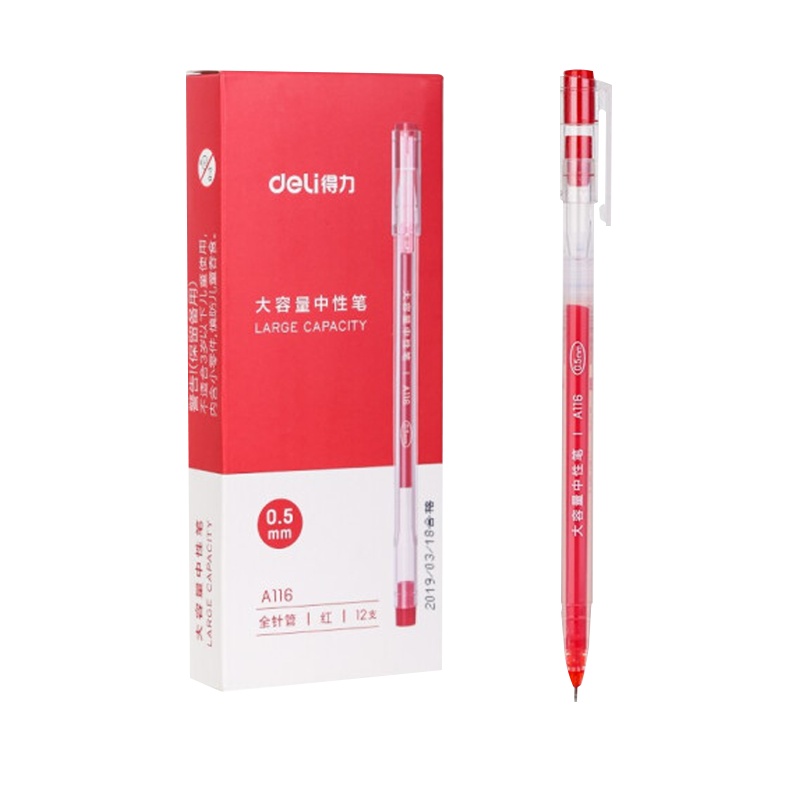 得力 A116-12 中性笔签字笔巨能写0.5mm全针管水笔一体笔芯超长书写 大容量12支 红色
