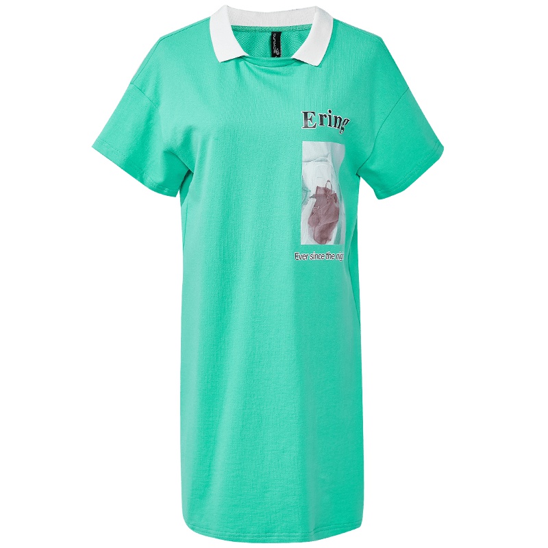 欧昵雪夏polo领字母印花中长款宽松纯棉T恤连衣裙女短袖