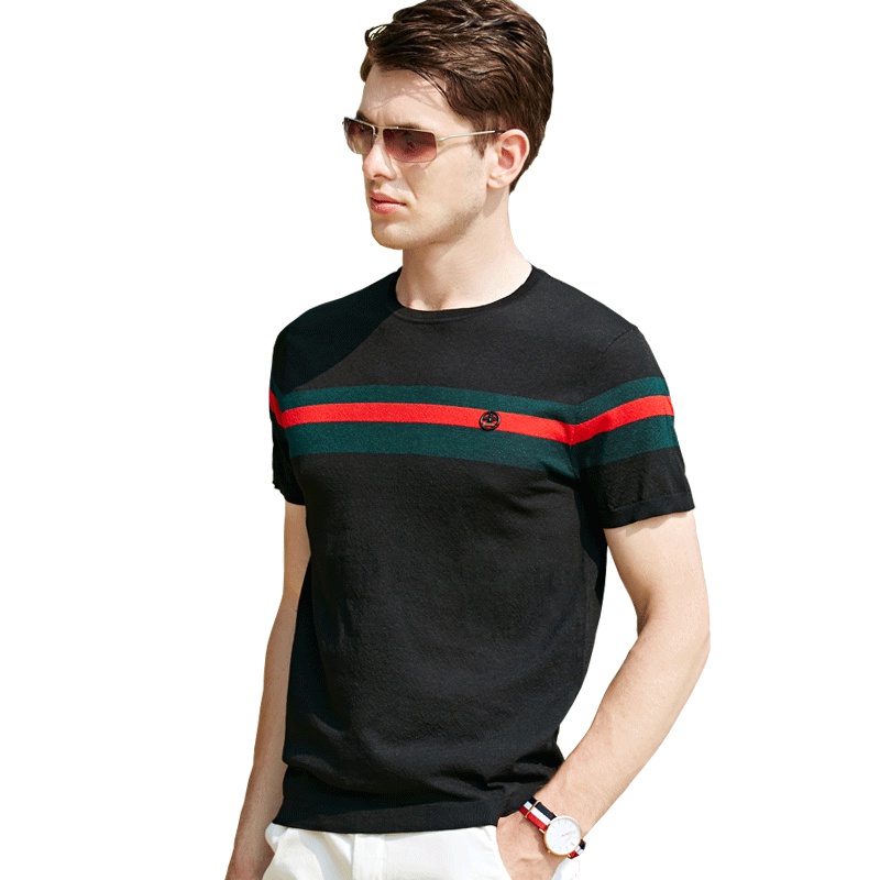 经典三色条纹乔沃JOW冰丝短袖男士圆领T恤