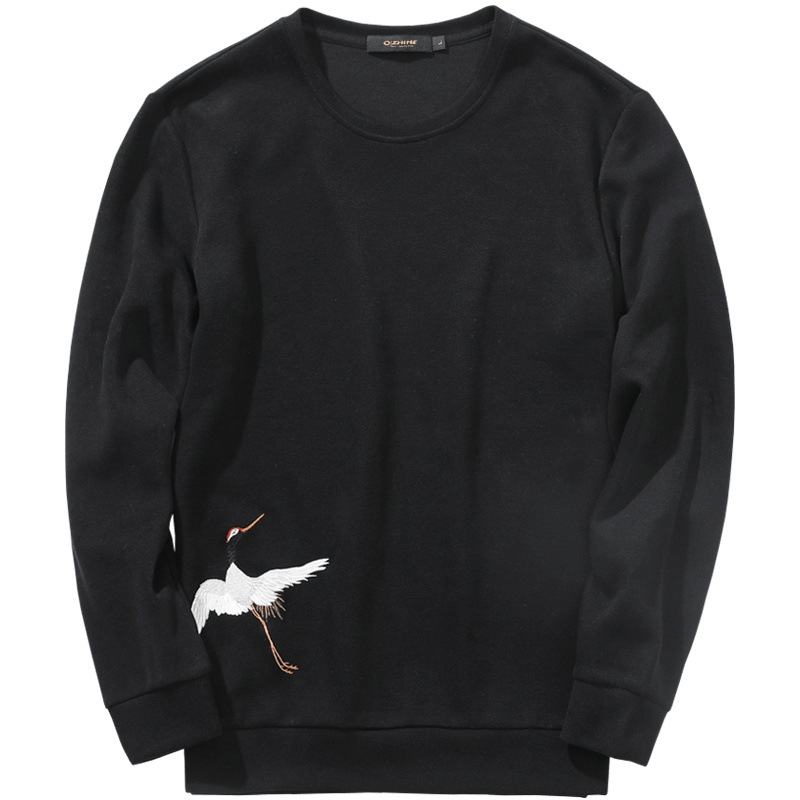 千纸鹤男士外套2019秋季新款时尚经典圆领白鹤刺绣卫衣男潮15137