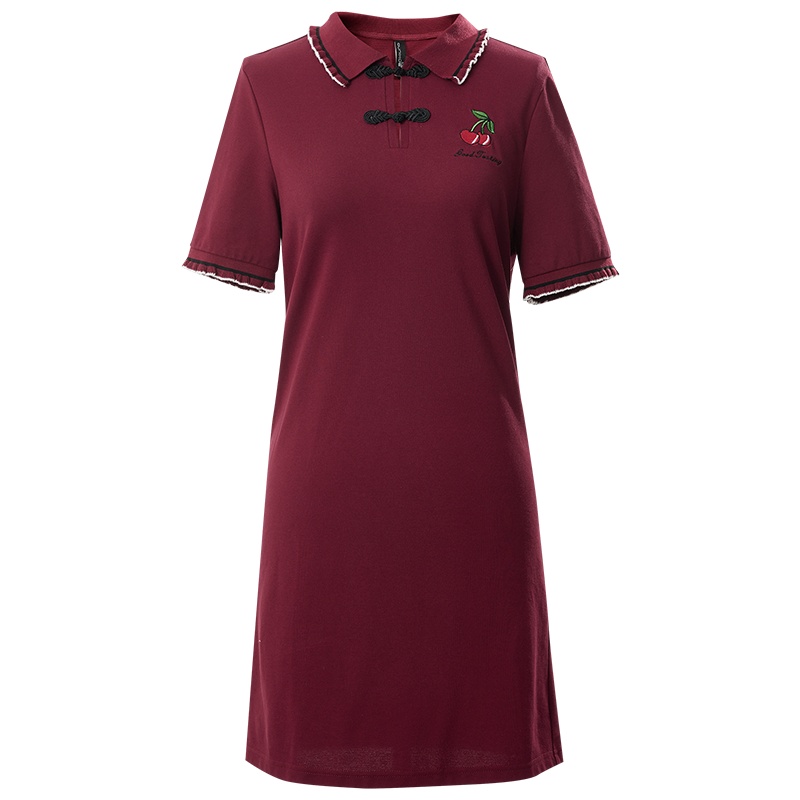 欧昵雪夏季复古盘扣木耳边翻领T恤裙绣花直筒显瘦棉质短袖连衣裙女