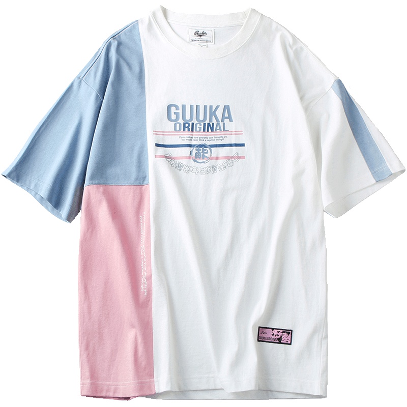 Guuka潮牌短袖T恤女宽松嘻哈撞色拼接情侣圆领纯棉港风五分袖T恤