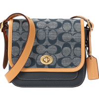 COACH\蔻驰 CHAMBRAY 口盖包单肩斜挎包 椭圆扣老花 织物\牛皮革