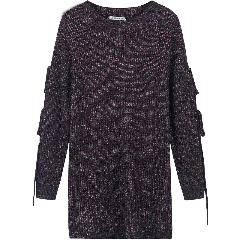 拉夏贝尔秋季女装新款韩版圆领显瘦中长款亮丝针织衫女10014724