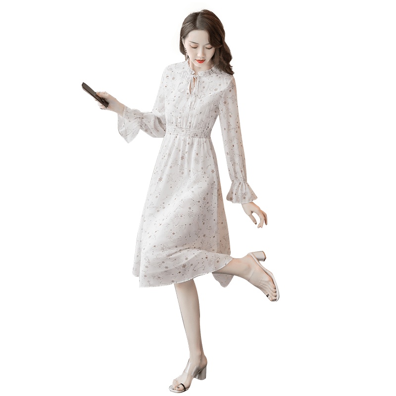 丝柏舍春夏女2020小碎花清新喇叭袖系带修身中长款连衣裙S92R0660L
