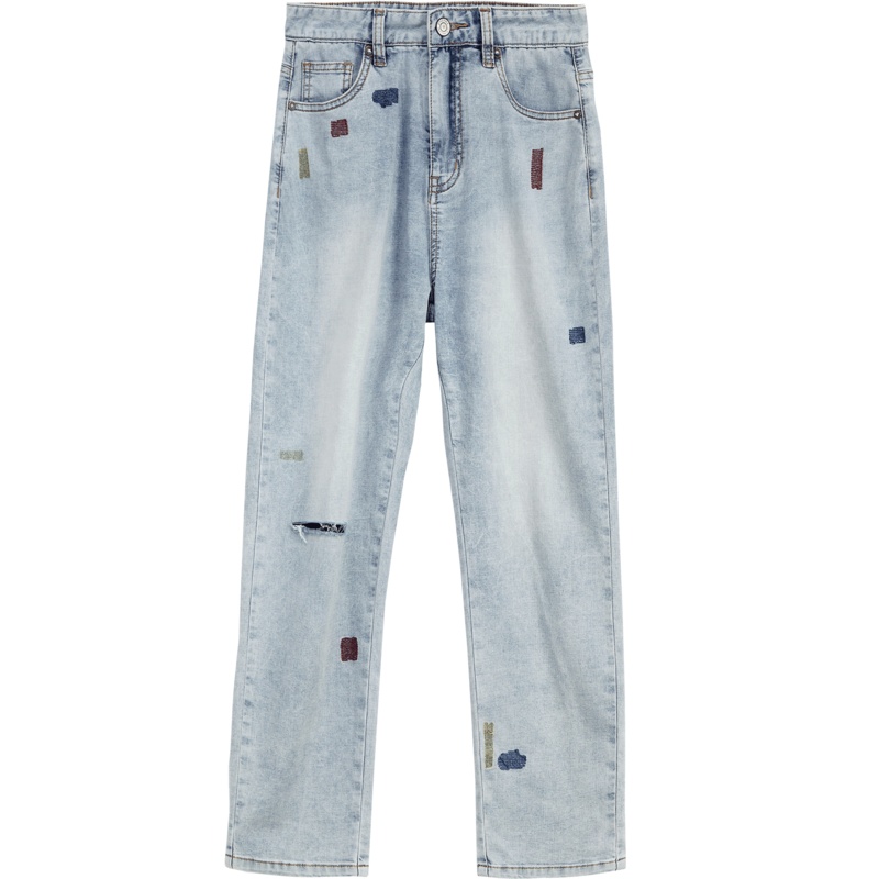 OtherMix创意刺绣牛仔裤2021年夏季新款高腰宽松破洞水洗裤子女潮