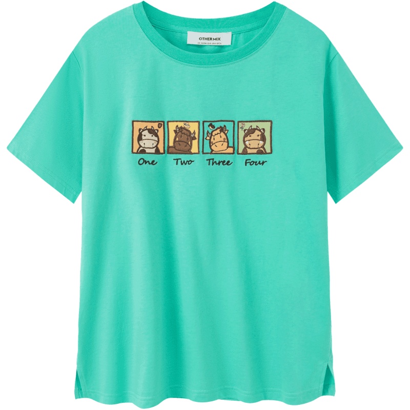OtherMix小牛印花t恤女2021年早秋新款宽松圆领薄款短袖开叉上衣