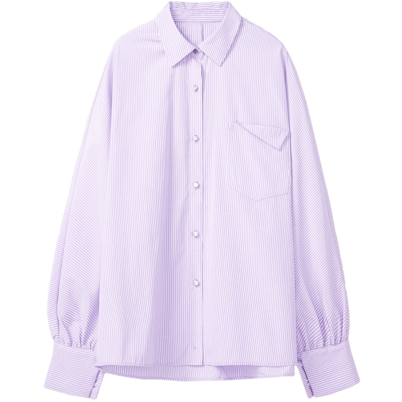 2019爱居兔秋季女装 紫色条纹长袖休闲衬衫
