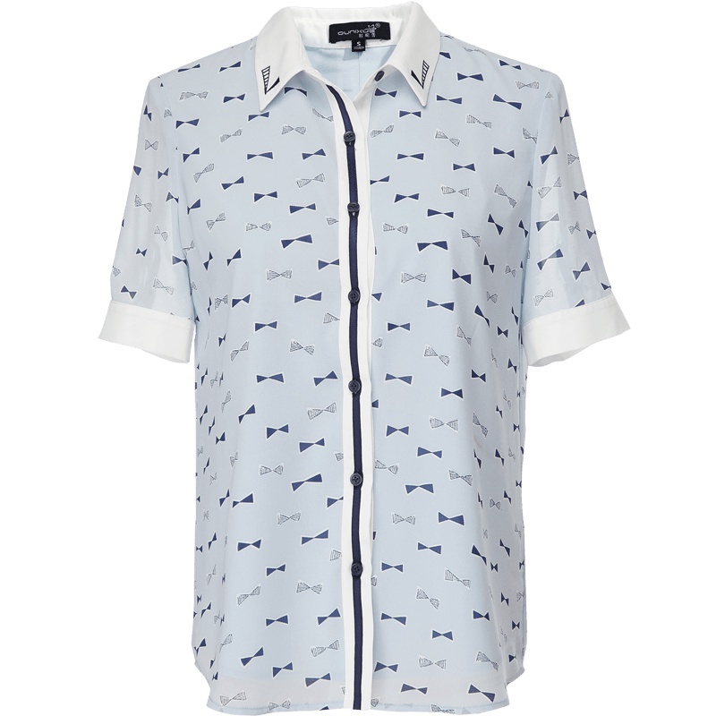 欧昵雪夏季绣花撞色翻领雪纺衬衫女短袖印花衬衣雪纺上衣