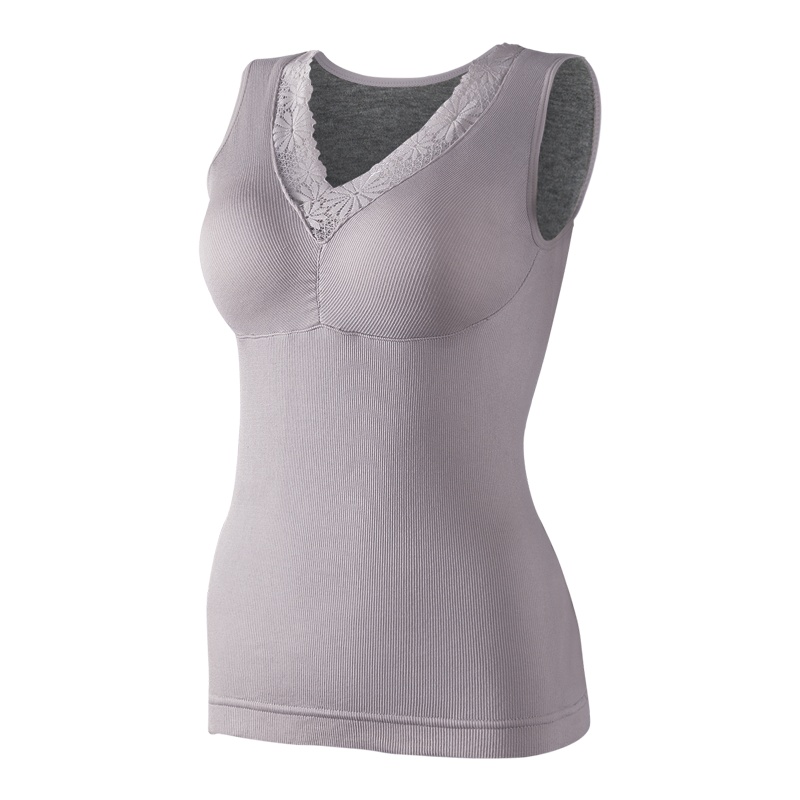 俞兆林秋冬新款性感V领大花边保暖背心女修身百搭带胸垫磨毛马甲女