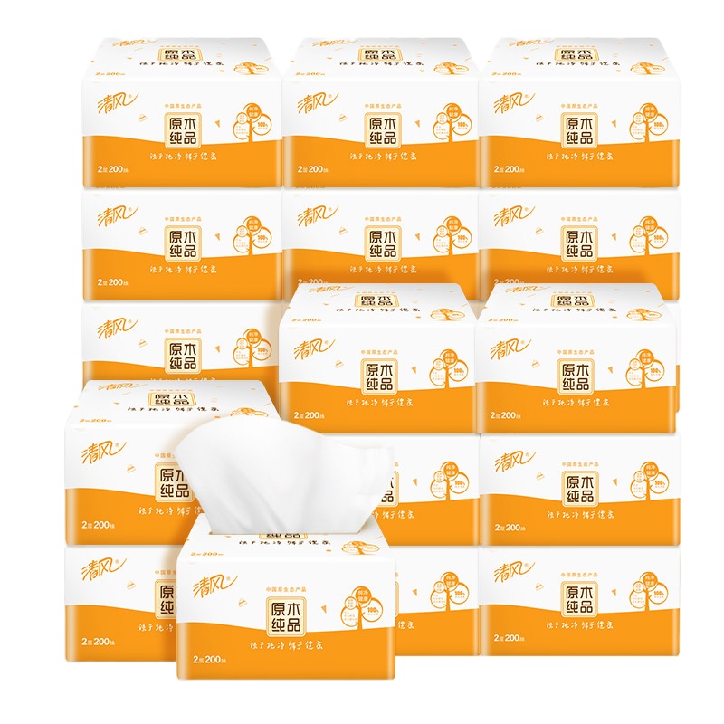 清风 原木纯品 无香抽纸200抽纸巾整箱16提*3包(七包服务)