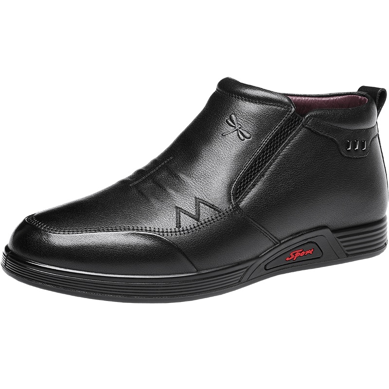 红蜻蜓男鞋冬季真皮商务休闲皮鞋加绒保暖一脚蹬高帮爸爸懒人棉鞋