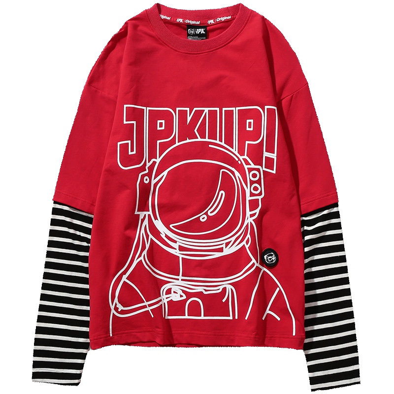 JPK原创设计师潮牌男女通款宇航员红色拼条纹假两件印花长袖T恤男
