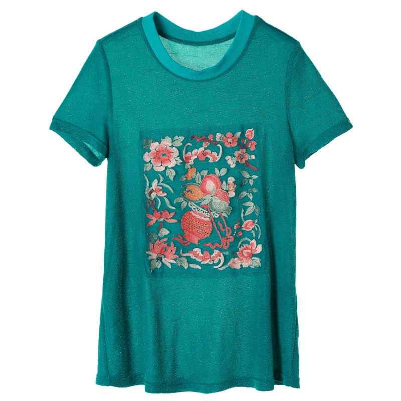 裂帛圆领刺绣短袖T恤新款宽松打底衫绿色百搭半袖上衣