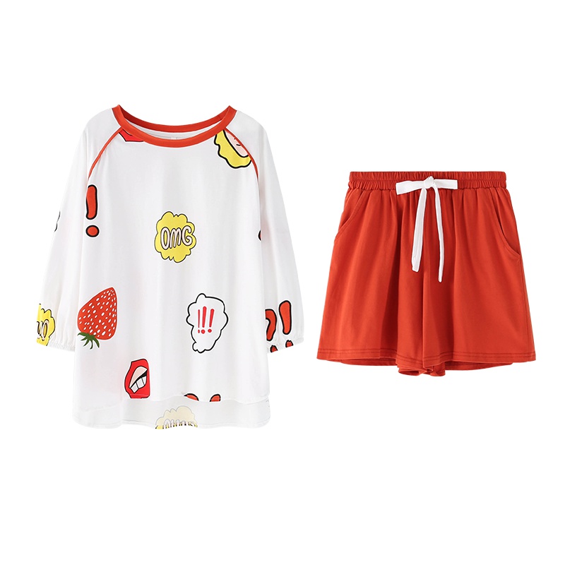 安之伴夏季睡衣女棉质夏可爱卡通蝙蝠袖休闲短裤套装家居服