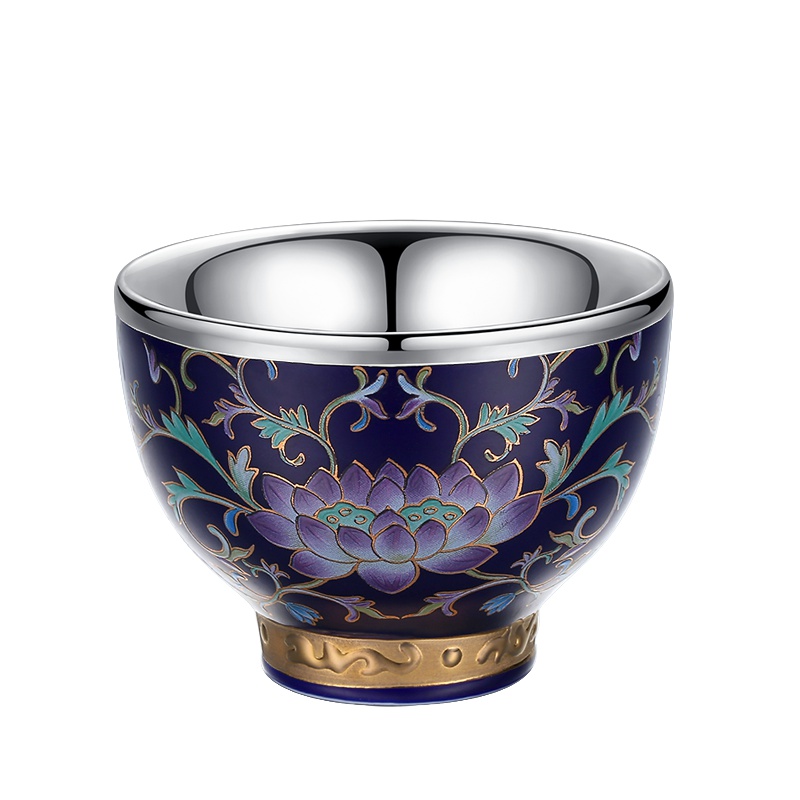 纯银茶杯 功夫茶杯 999纯银镶嵌蓝莲描金杯 大容量主人杯 茶盏建盏 茶碗