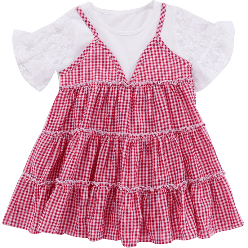 小红豆童装商场同款女童连衣裙短袖拼接裙洋气格子百褶裙蛋糕裙子