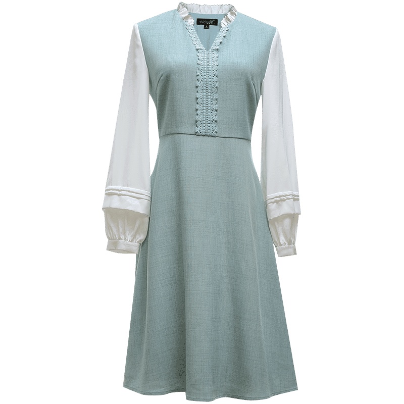 欧昵雪半开领拼接花边撞色长袖收腰连衣裙女
