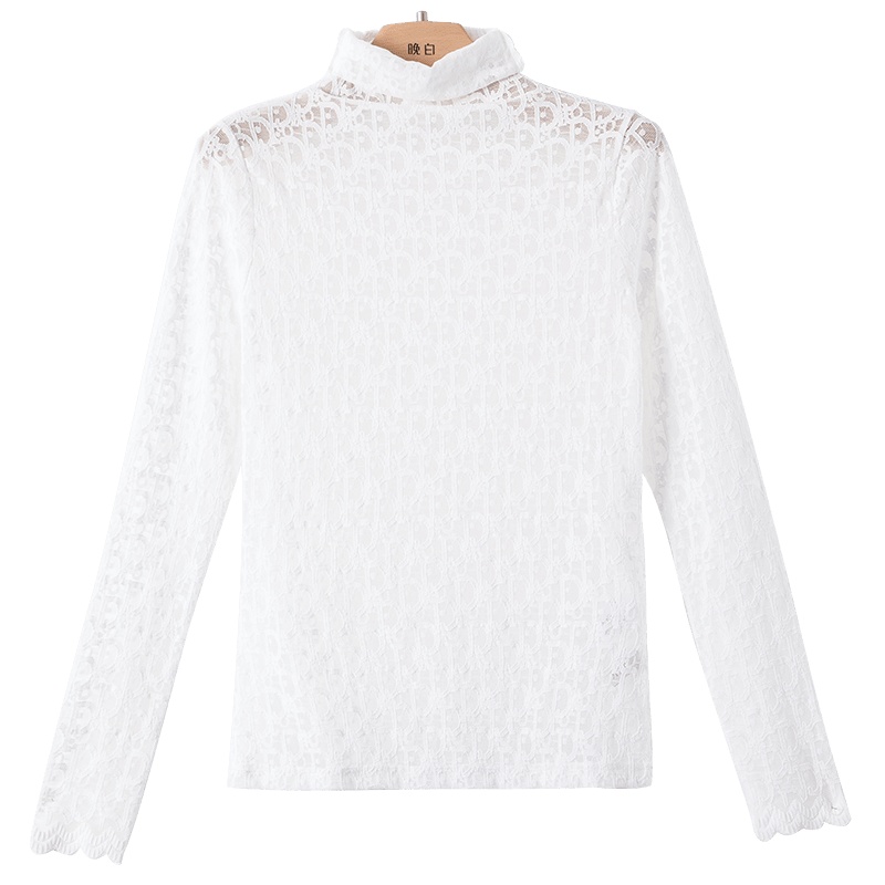 晚白2021春季新品通勤时尚纯色修身显瘦高领长袖蕾丝衫打底衫女