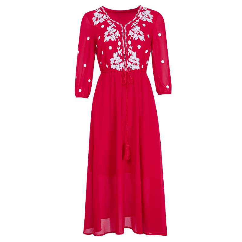 晚白女裙装2019夏季新品印花V领修身系带松紧腰中长款大摆连衣裙