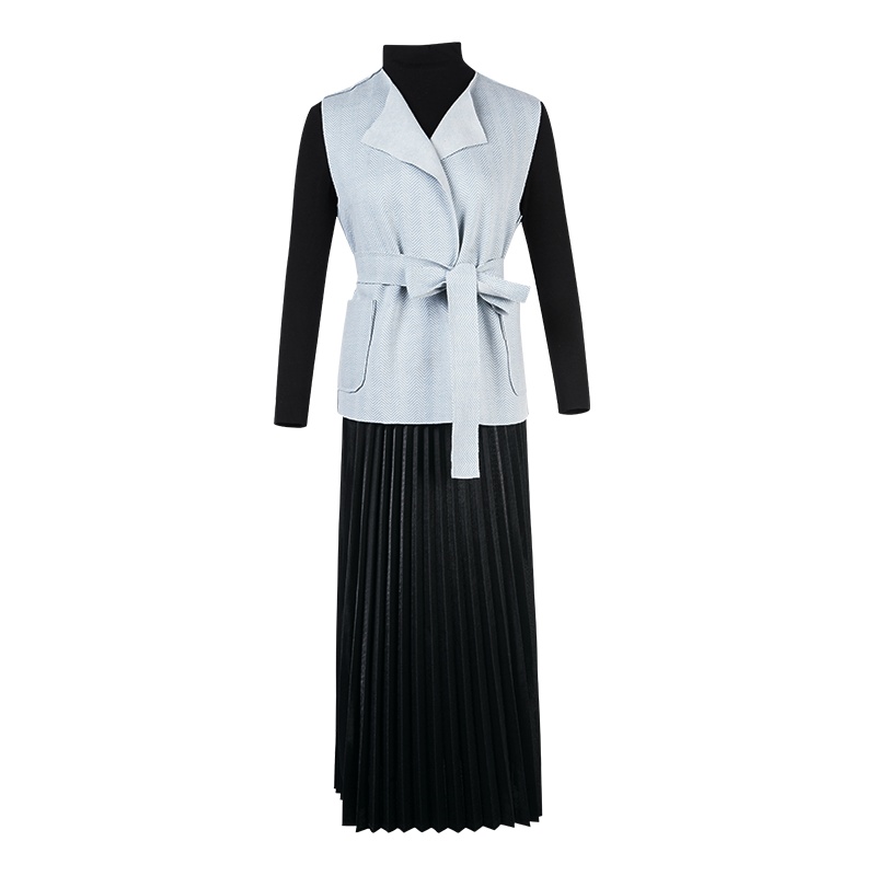 晚白2019秋新品套装裙纯色马甲西装打底衫百褶长款半身裙三件套女