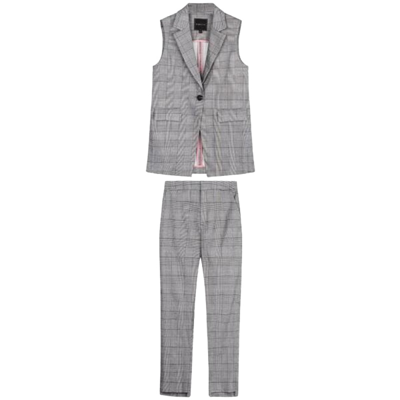 【热卖】格子西装套装女新款韩版时尚马甲外套休闲长裤子两件套20011711