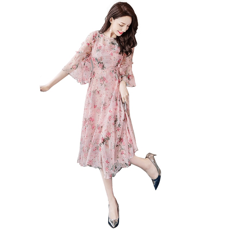 丝柏舍春装2020时尚气质圆领印花优雅中长款连衣裙S91R1436L