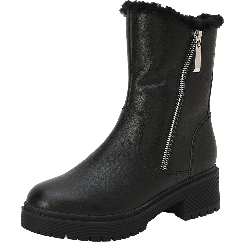 百田森厚底短靴女潮冬季新款加绒保暖圆头粗跟增高真皮户外靴