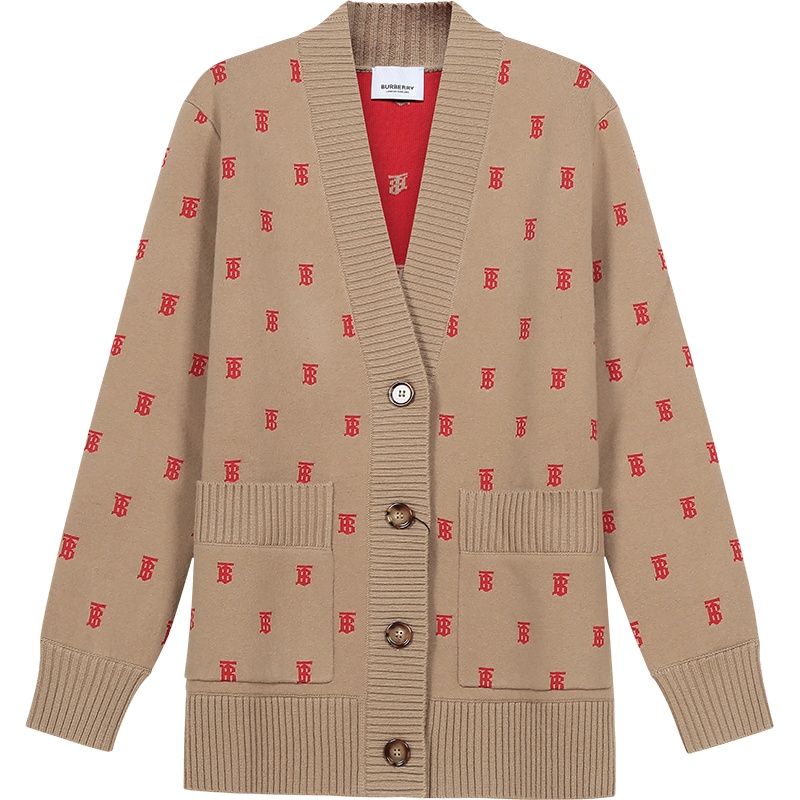 BURBERRY 博柏利/巴宝莉 女款羊毛/聚酯纤维/混纺长袖V领针织开衫羊毛衫专属标识提花 80210321