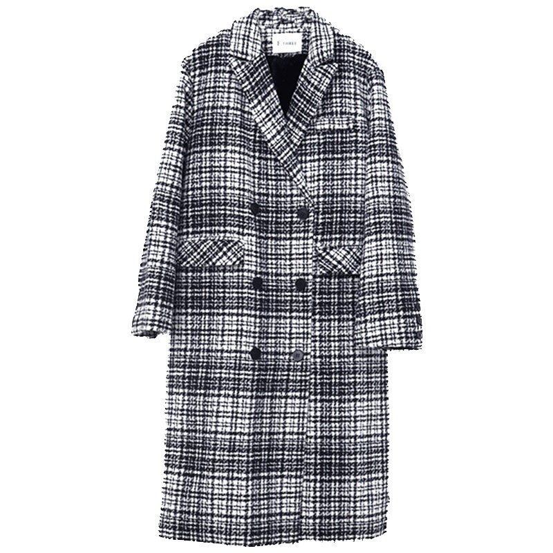 ENJOY'ME女装2019冬季新品格子西装加长腰带毛绒内里厚外套