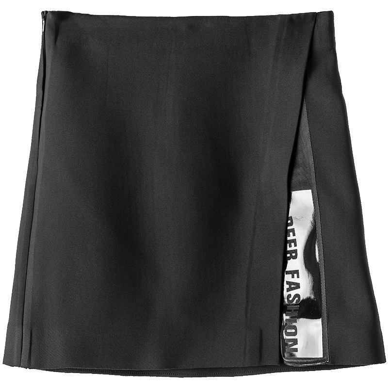 sdeer圣迪奥帅气中性酷黑拼接短裙女秋冬半身开叉包臀裙S17381353