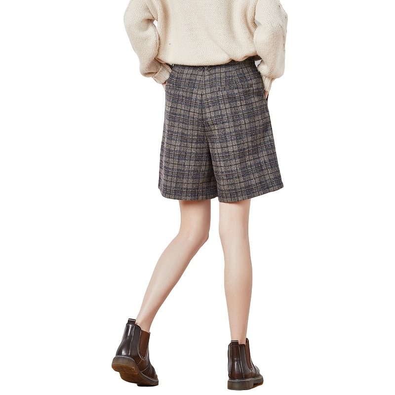 [2.5折价69元]唐狮冬季新款休闲裤中短裤女秋冬季高腰外穿格子裤女宽松直筒