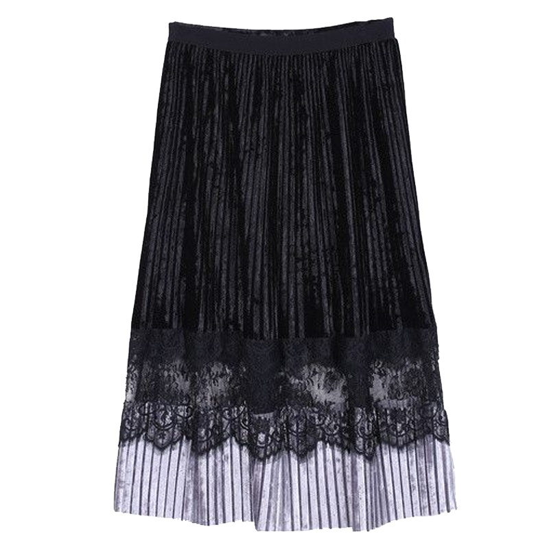 拉夏贝尔黑色a字百褶裙女装春新款高腰镂空半身裙中长款裙子女3T084008