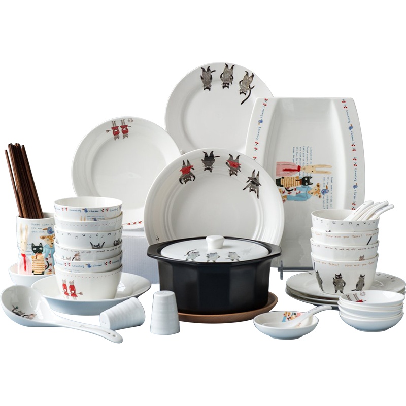 亿嘉IJARL韩式时尚简约陶瓷餐具套装猫国物语46件套
