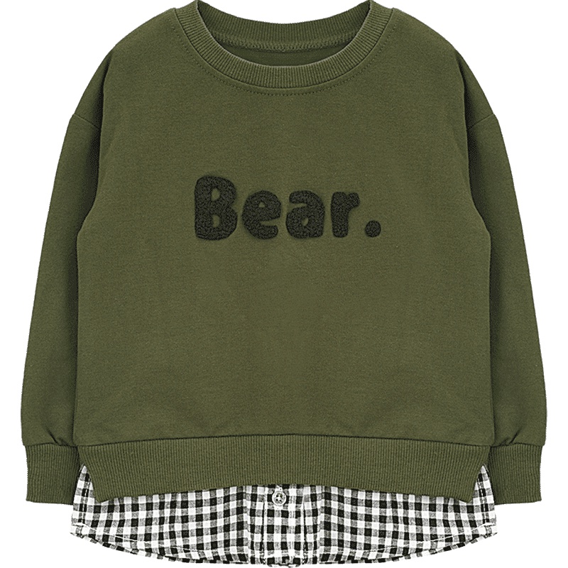 婴姿坊男女童春秋新款T恤圆领加绒休闲字母刺绣韩版假两件卫衣