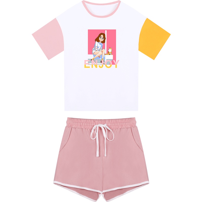 睡衣女夏短袖短裤纯棉两件套装夏季薄款韩版清新夏天家居服可外穿