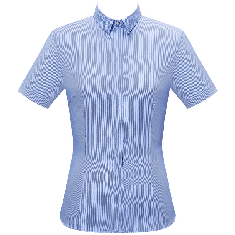 恒源祥蓝色工装衬衫女OL职业装短袖竖条纹夏季竹纤维衬衣含棉上衣