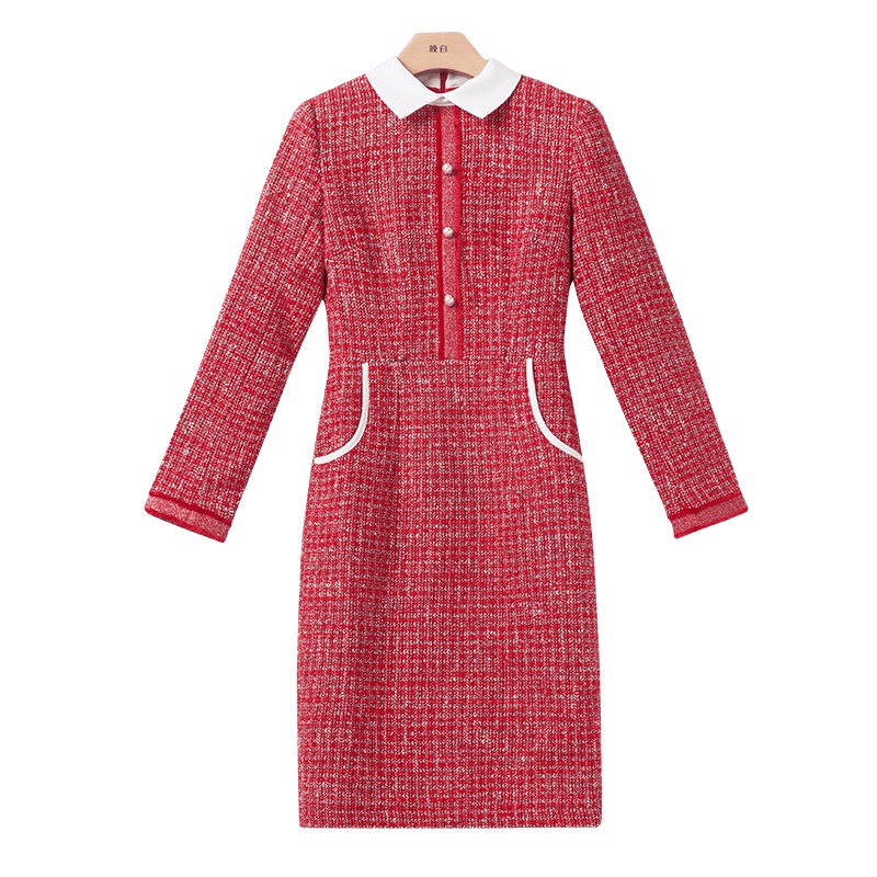 晚白2020春新品名媛淑女修身中长款包臀一步长袖小香风连衣裙女