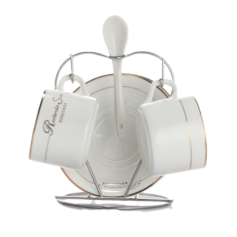 欧式陶瓷咖啡杯套装 家用小咖啡杯子 创意简约心形杯架 陶瓷金边(2杯2碟2勺+银色心形杯架)