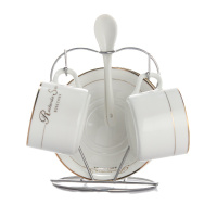 欧式陶瓷咖啡杯套装 家用小咖啡杯子 创意简约心形杯架 陶瓷金边(2杯2碟2勺+银色心形杯架)