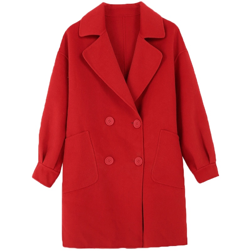 拉夏贝尔冬韩版潮流双排扣直筒中长款羊毛呢大衣小个子小香风