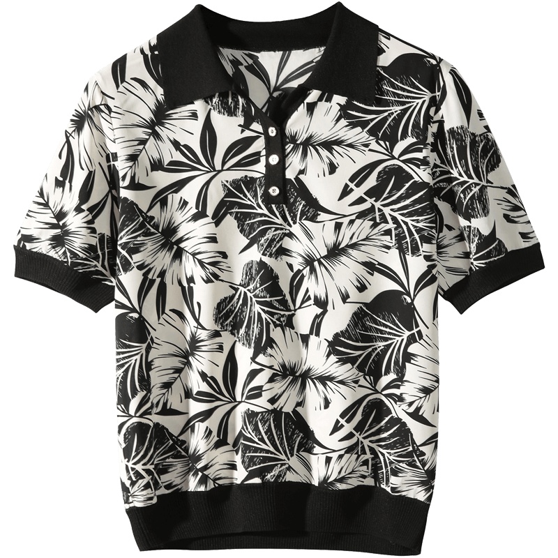 恒源祥中年妈妈短袖T恤女夏新款印花雪纺衫针织翻领polo上衣