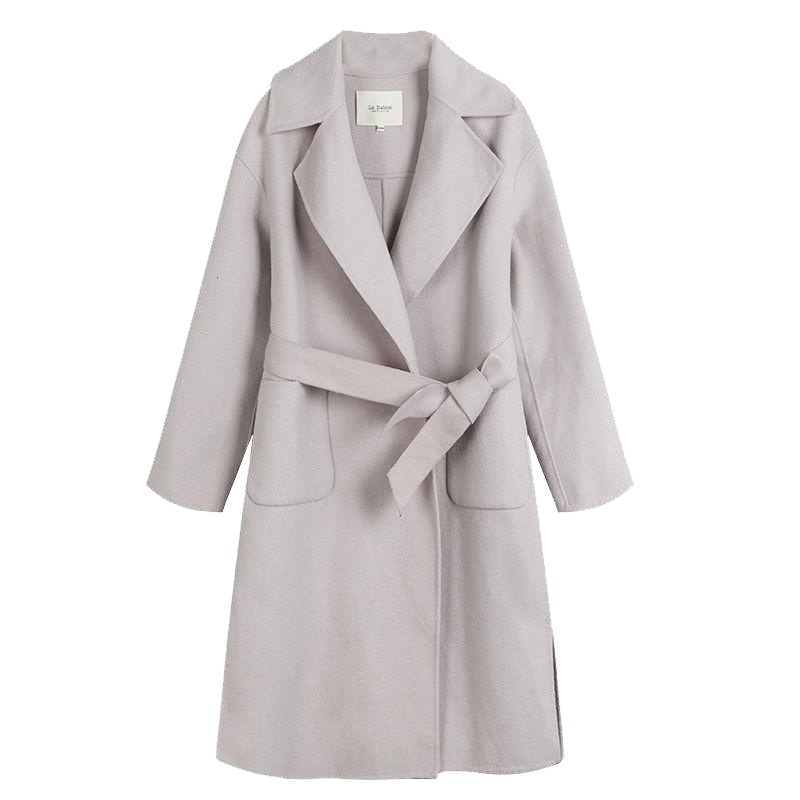 拉贝缇双面呢子大衣外套女冬款韩版系带中长款过膝羊毛呢60006190