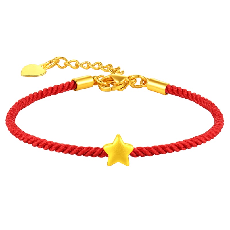 蒂蔻 幸运五角星星黄金手链女款红绳款3D硬足金可调节手绳生日送女友