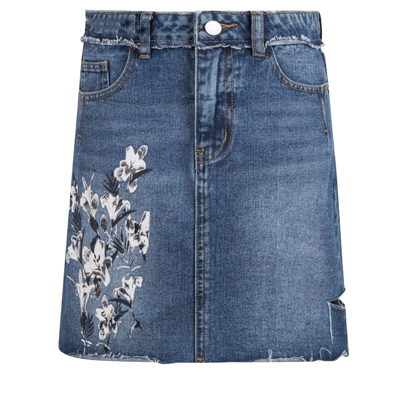 拉夏贝尔Puella夏季女装新高腰显瘦a字包臀学生刺绣牛仔半身裙女20011838